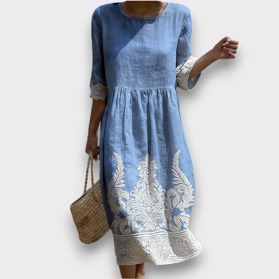 BEATRICE - Abito Midi Floreale in Lino-Cotone