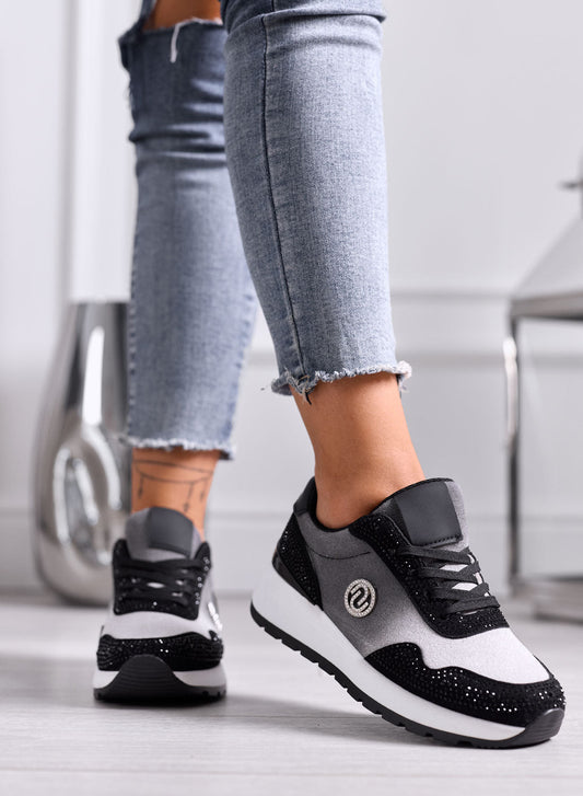 MARTINA - Sneakers platform nere e grigie con strass