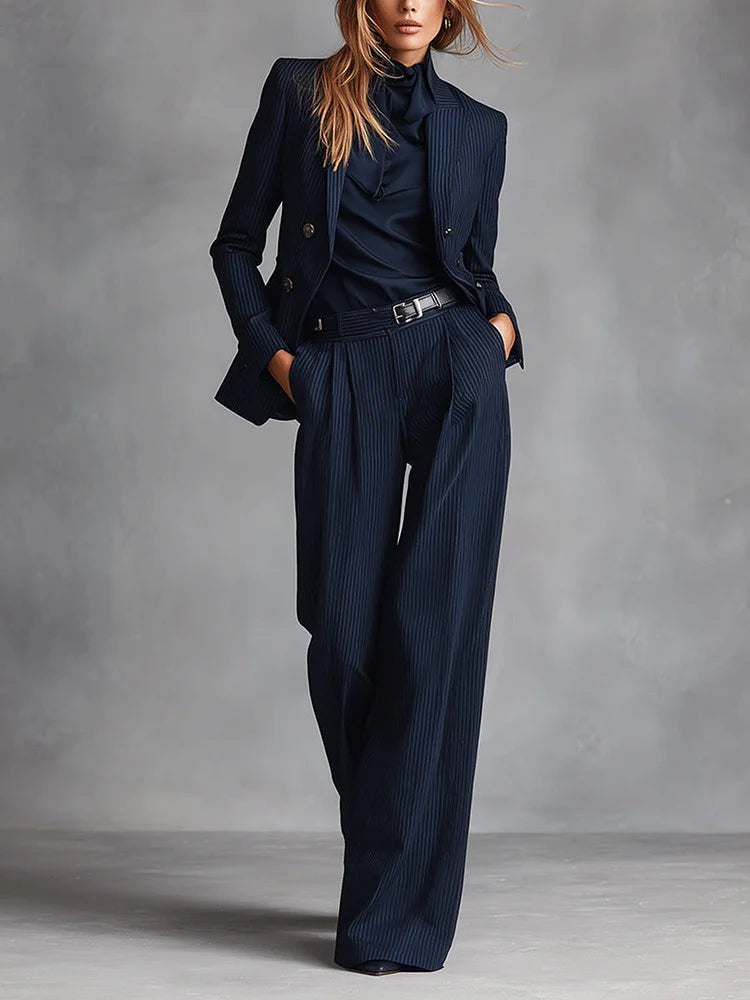 GIULIA - Completo doppiopetto donna righe blu navy classico