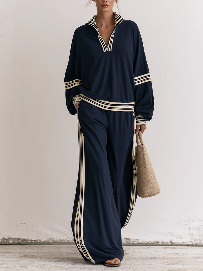 ACCEGLIO - Completo tuta blu a righe con mezza zip e pantaloni ampi