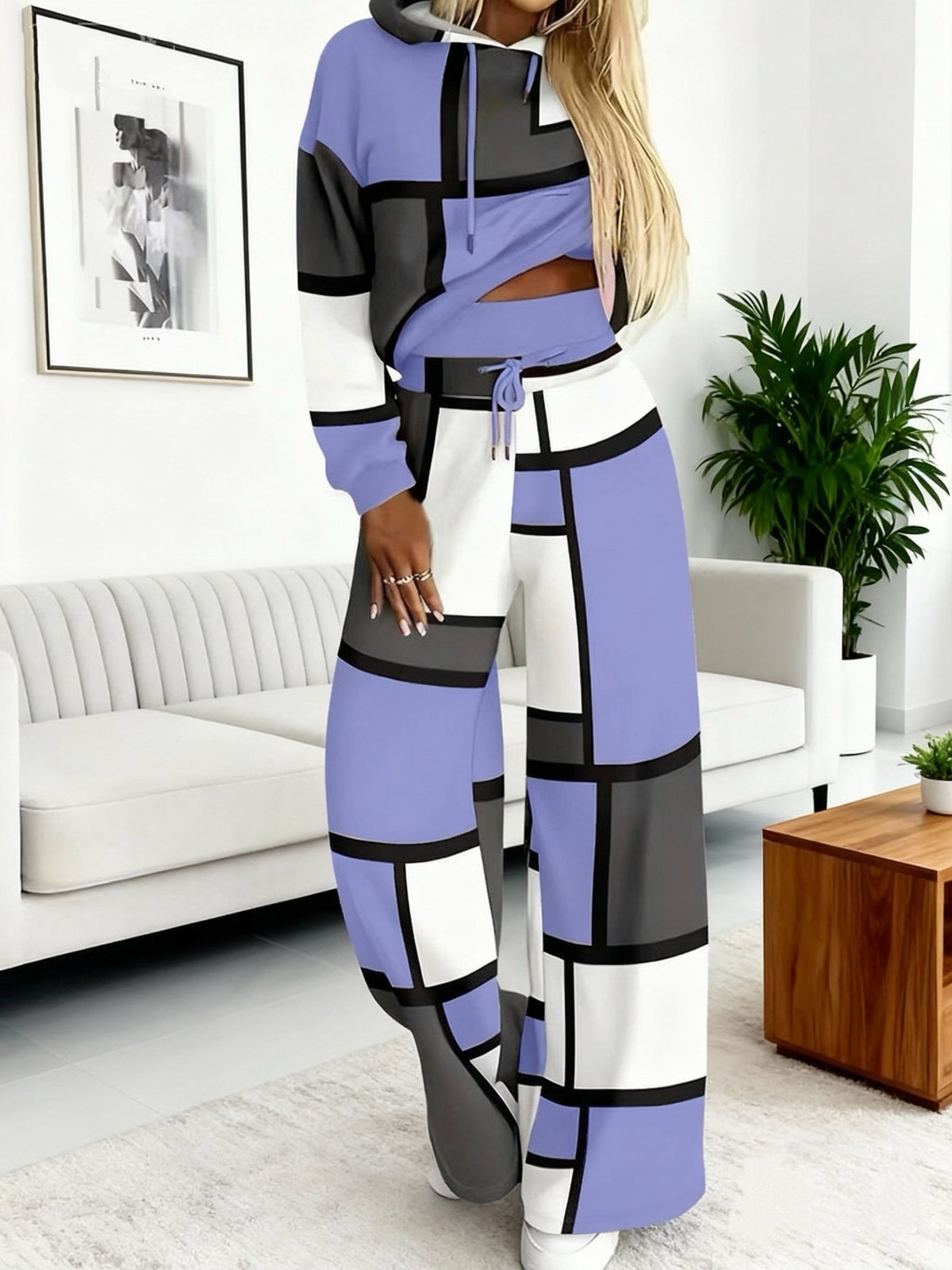 Set Pezzi Casual Da Donna A Blocchi Di Felpa Con Cappuccio A Maniche Lunghe E Pantaloni Con Coulisse
