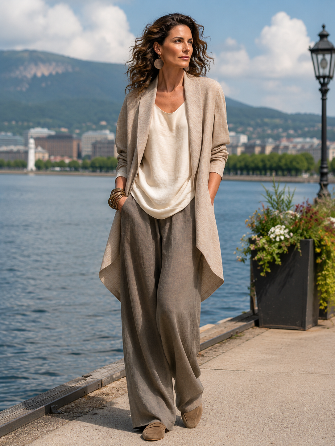 GIULIA - Completo beige-grigio 3 pezzi, cardigan e pantaloni ampi
