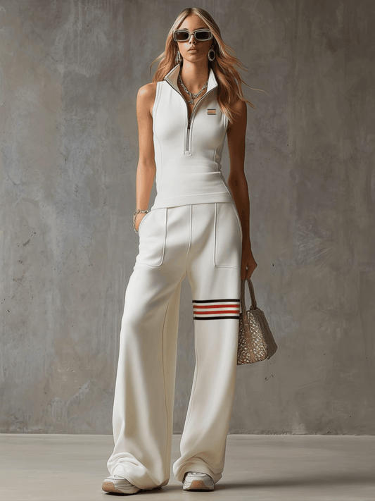 QUIRINA - Set bianco rétro con gilet ricamato e pantaloni ampi