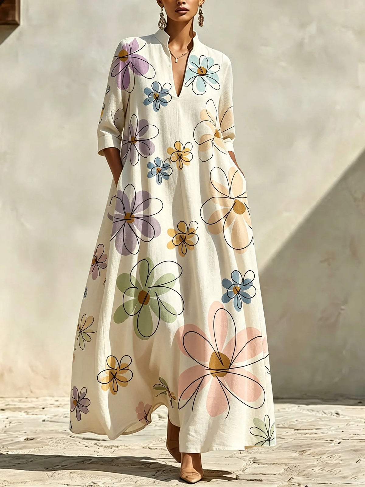OTTONE - Abito Maxi Romantico a Maniche Medie
