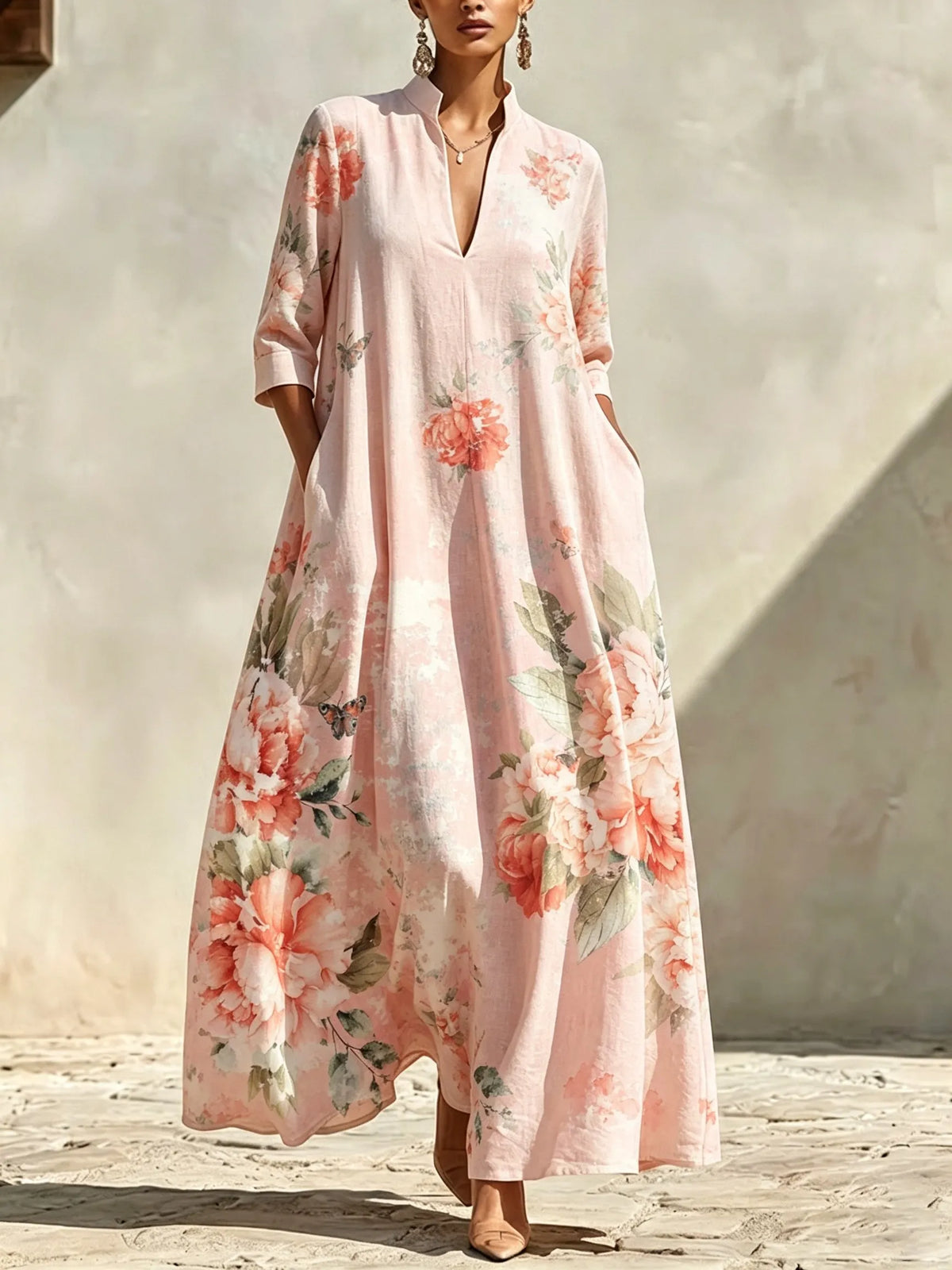 BOVOLONE - Abito maxi romantico con maniche 3/4
