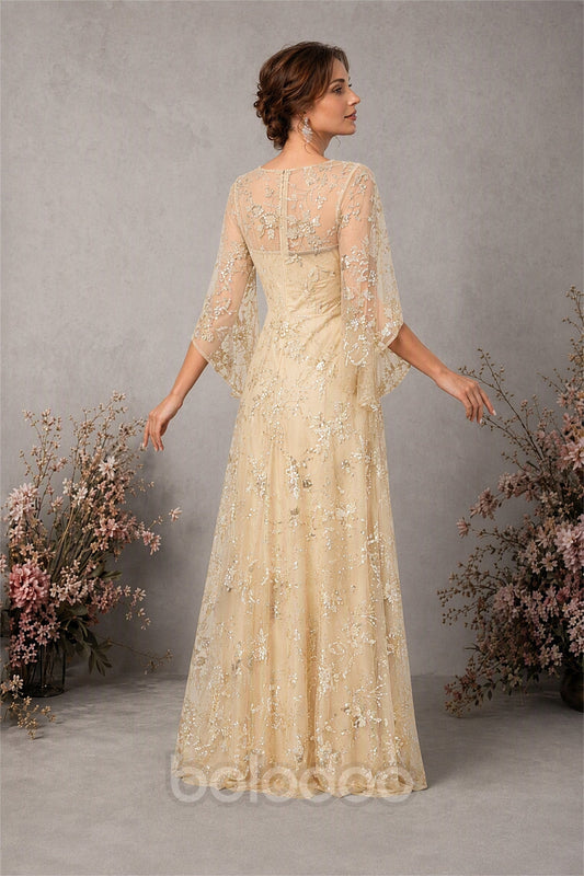 BOLODOO Champagne Sequin Lace Cape Sleeve Formal Evening Gown