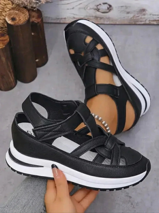 GIULIA - Sandali zeppa in gomma velcro bianco nero oro