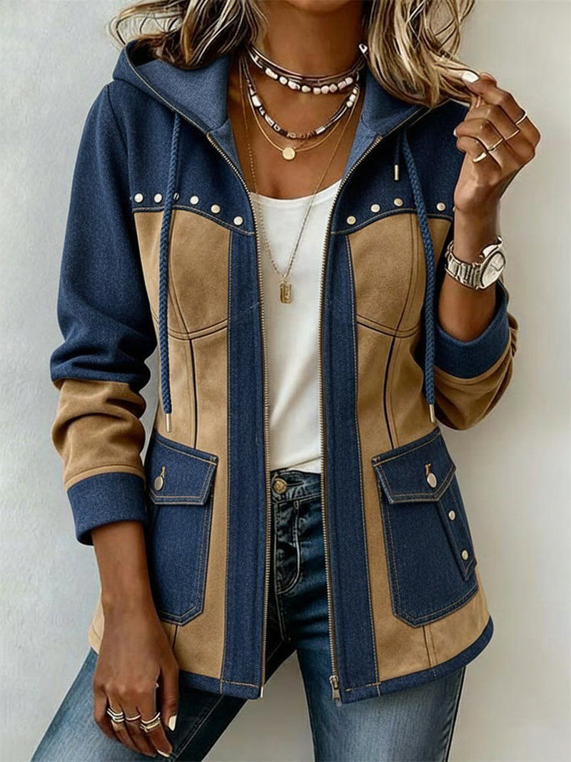 GINEVRA - Giacca in Pelle Scamosciata Patchwork con Cappuccio