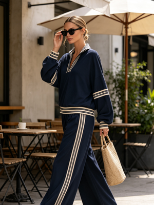 ACCEGLIO - Completo tuta blu a righe con mezza zip e pantaloni ampi