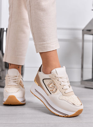 SOFIA - Sneakers beige platform con dettagli marroni e logo gioiello