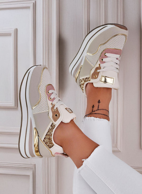 ADELE - Sneakers beige con dettagli glitter oro