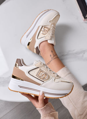 SOFIA - Sneakers beige platform con dettagli marroni e logo gioiello