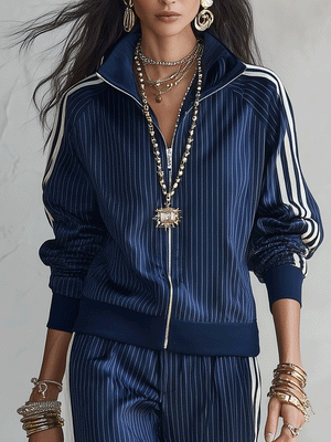 PANDINO - Tuta Blu in Raso Gessato con Giacca Zip e Pantaloni Wide Leg