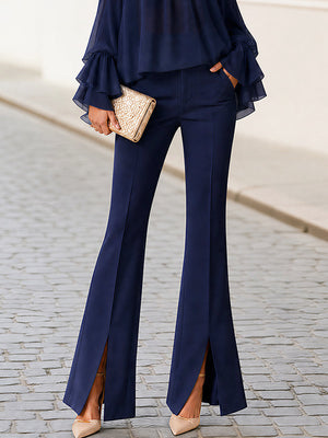 PANNARANO - Completo blu navy in chiffon con volant e pantaloni flare a spacco