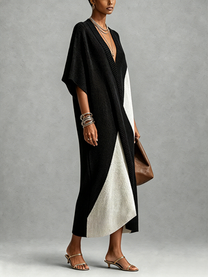 LUISA - Abito midi nero bicolore con scollo a V