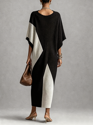 LUISA - Abito midi nero bicolore con scollo a V