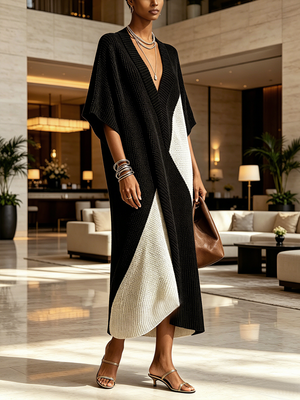 LUISA - Abito midi nero bicolore con scollo a V