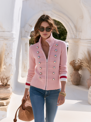 LILIANA - Giacca rosa maglia militare vintage zip frontale