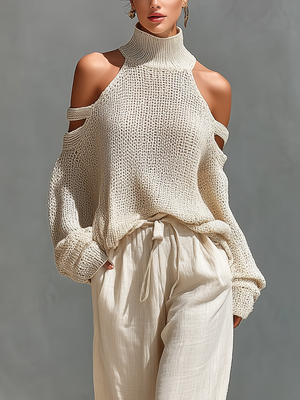 AURORA - Set top in maglia e pantaloni larghi beige
