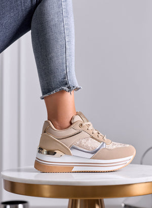 ROSSANA - Sneakers Beige in Camoscio con Zeppa Laminata