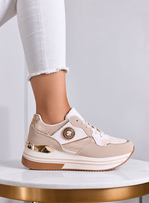 ISABELLA - Sneakers beige platform con oro e dettaglio gioiello