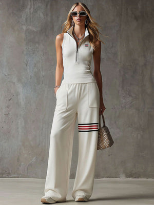 QUIRINA - Set bianco rétro con gilet ricamato e pantaloni ampi
