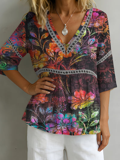 BARGE - Blusa con stampa floreale etnica e scollo V