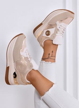 ISABELLA - Sneakers beige platform con oro e dettaglio gioiello
