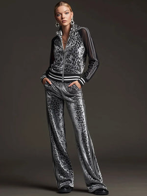 CASAZZA - Completo grigio in velluto leopardato con righe retro