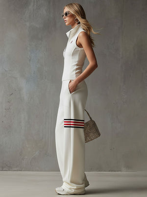 QUIRINA - Set bianco rétro con gilet ricamato e pantaloni ampi
