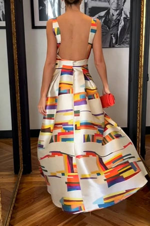 ILEANA - Abito maxi bianco in raso a righe geometriche