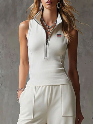 QUIRINA - Set bianco rétro con gilet ricamato e pantaloni ampi