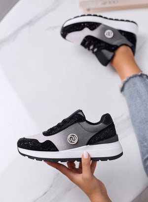 MARTINA - Sneakers platform nere e grigie con strass