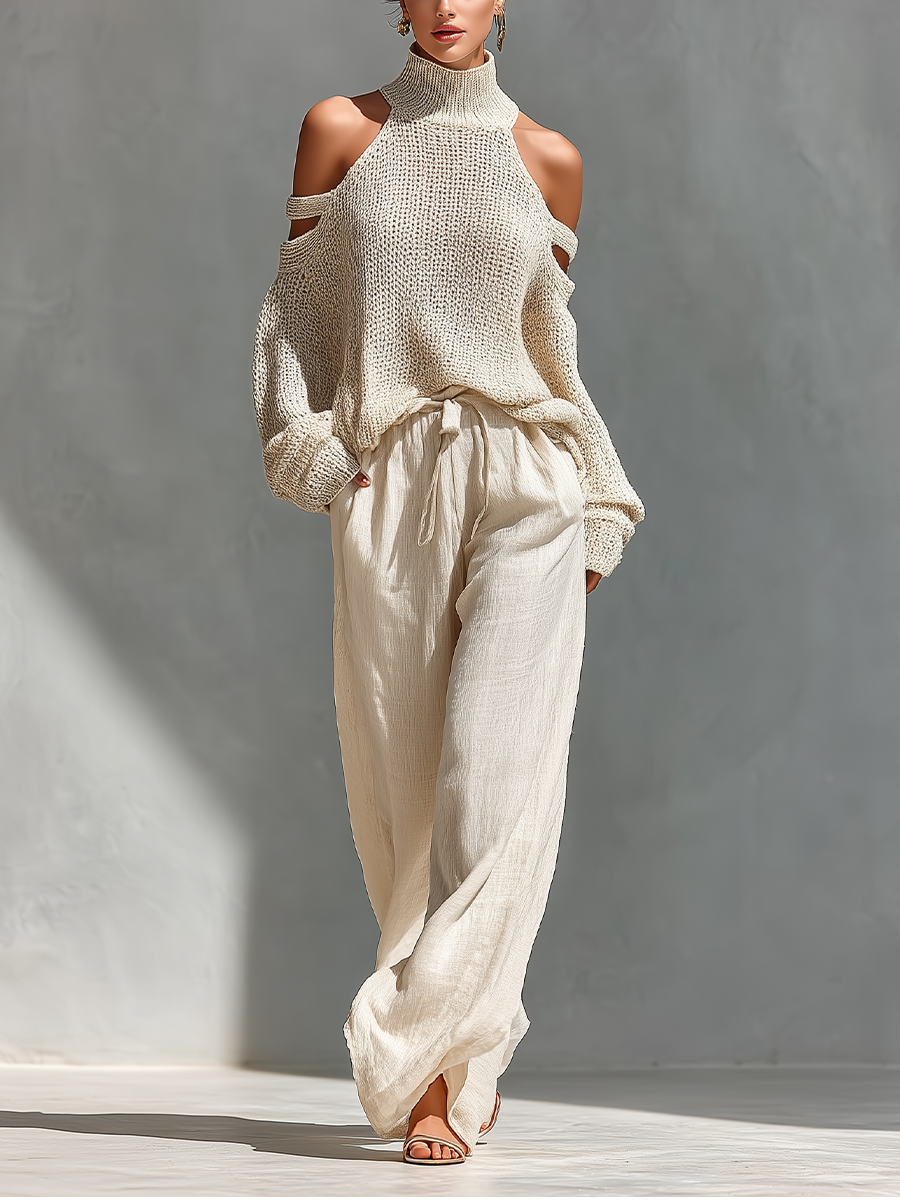 AURORA - Set top in maglia e pantaloni larghi beige