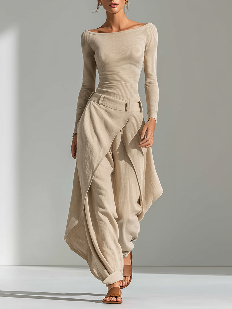 Women's Beige Ribbed Knit & Linen Two-Piece Set WithBoat Neck Top & Wrap Overlay Wide Leg Pants, Minimalist Neutral Resort Outfit MDZ2322F9LYL