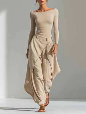 Women's Beige Ribbed Knit & Linen Two-Piece Set WithBoat Neck Top & Wrap Overlay Wide Leg Pants, Minimalist Neutral Resort Outfit MDZ2322F9LYL