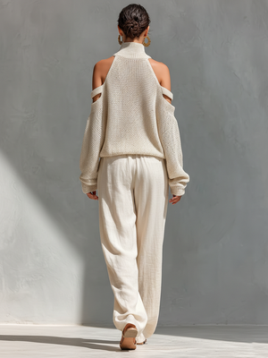 AURORA - Set top in maglia e pantaloni larghi beige