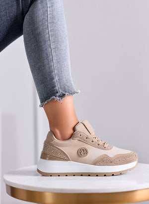TINA - Sneakers platform beige e fango con strass