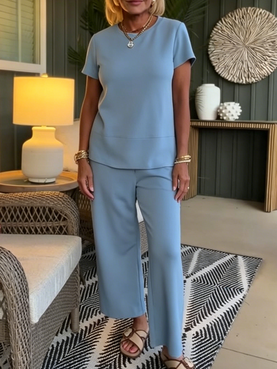 LUDOVICA - Coordinato due pezzi con pantaloni wide leg blu navy