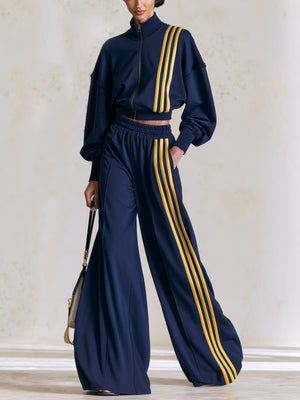 SUTRIO - Tuta Blu Navy e Gialla a Righe con Giacca Cropped