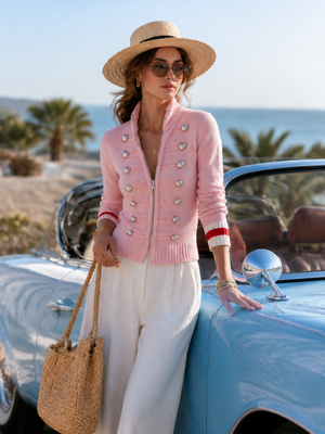 LILIANA - Giacca rosa maglia militare vintage zip frontale