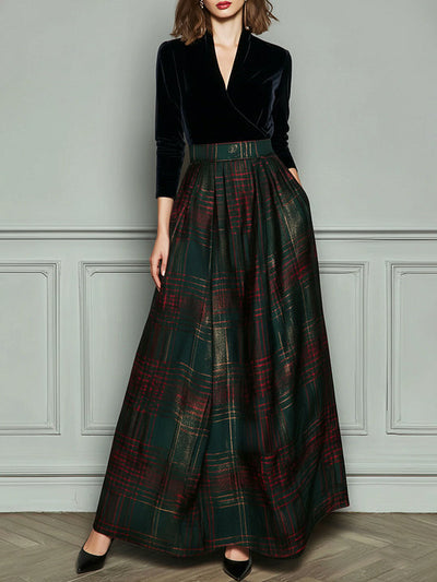 GIULIA - Abito Maxi Verde in Velluto e Quadri Patchwork