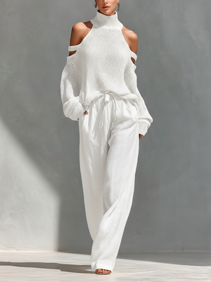 AURORA - Set top in maglia e pantaloni larghi beige
