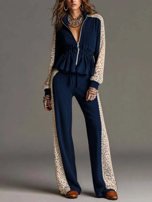 MELLO - Completo blu in maglia a coste, top zip e pantaloni ampi