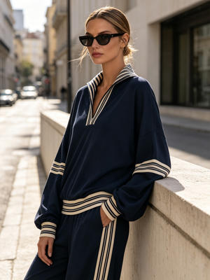 ACCEGLIO - Completo tuta blu a righe con mezza zip e pantaloni ampi