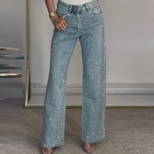 RINA - Jeans straight fit denim con strass blu nero grigio