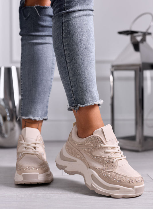 GIULIA - Sneakers beige con strass e suola chunky