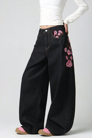 BARBIANO - Jeans Neri Wide Leg con Ricami Vintage Y2K