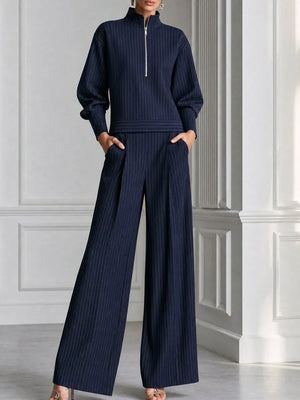 BREGNANO - Completo gessato con top mezza zip e pantaloni ampi