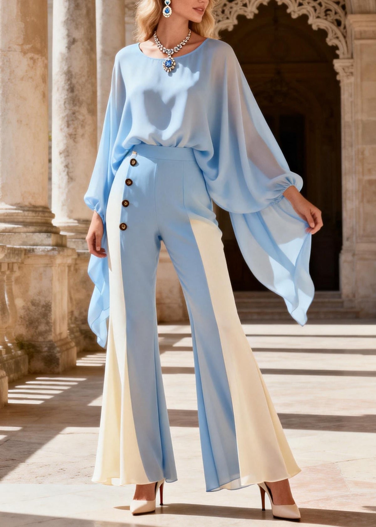 TORINO - Set in seta blu con top O-neck e pantaloni svasati